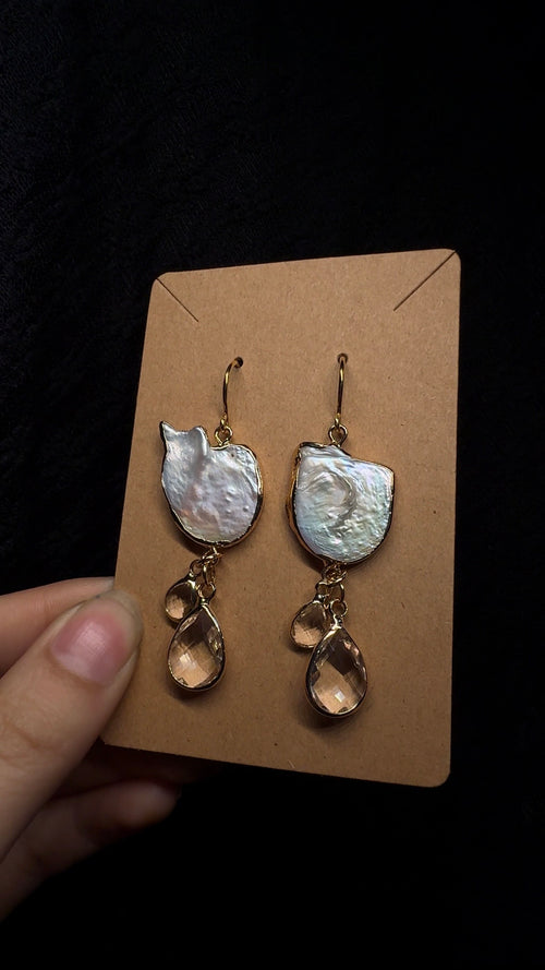 Biwa Pearl Freeform earrings - with clear quartz