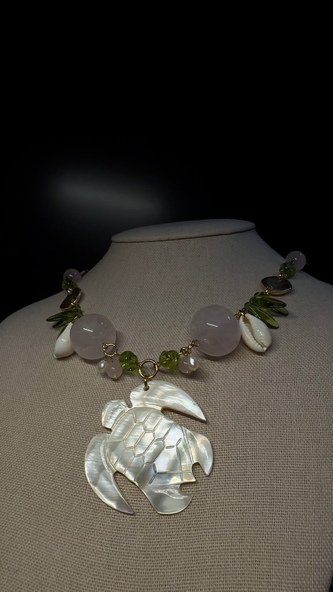 Turtle Necklace - mother of pearl with rose quartz, pearls and shells