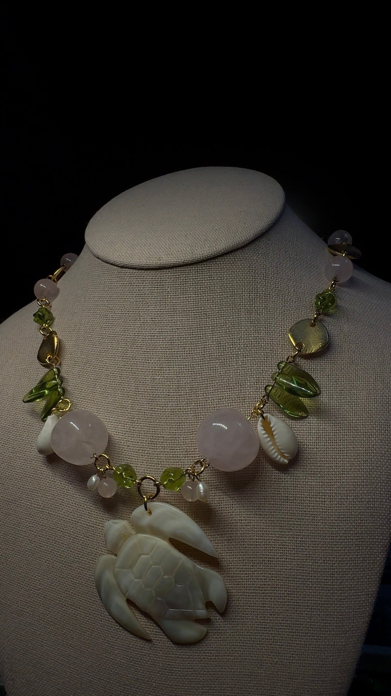 Turtle Necklace - mother of pearl with rose quartz, pearls and shells
