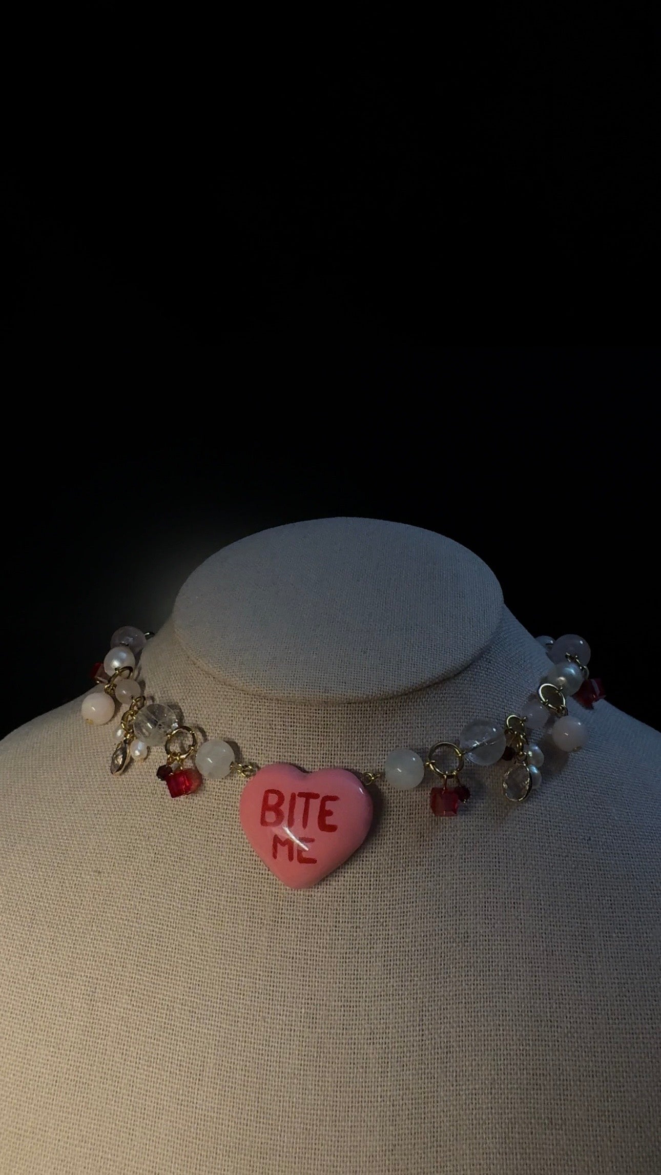 Bite Me Heart Choker Necklace - with clear quartz, pearls, rose quartz, moonstone and garneth