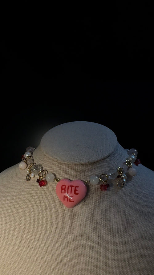 Bite Me Heart Choker Necklace - with clear quartz, pearls, rose quartz, moonstone and garneth