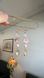 Aquamarine (syn.) teardrop earrings - with pink shell carved hibiscus, clear quartz, pearls and a handmade polymer clay piece