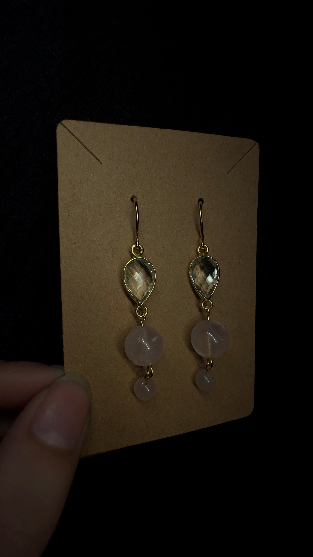Prasiolite teardrop earrings - with Madagascar rose quartz