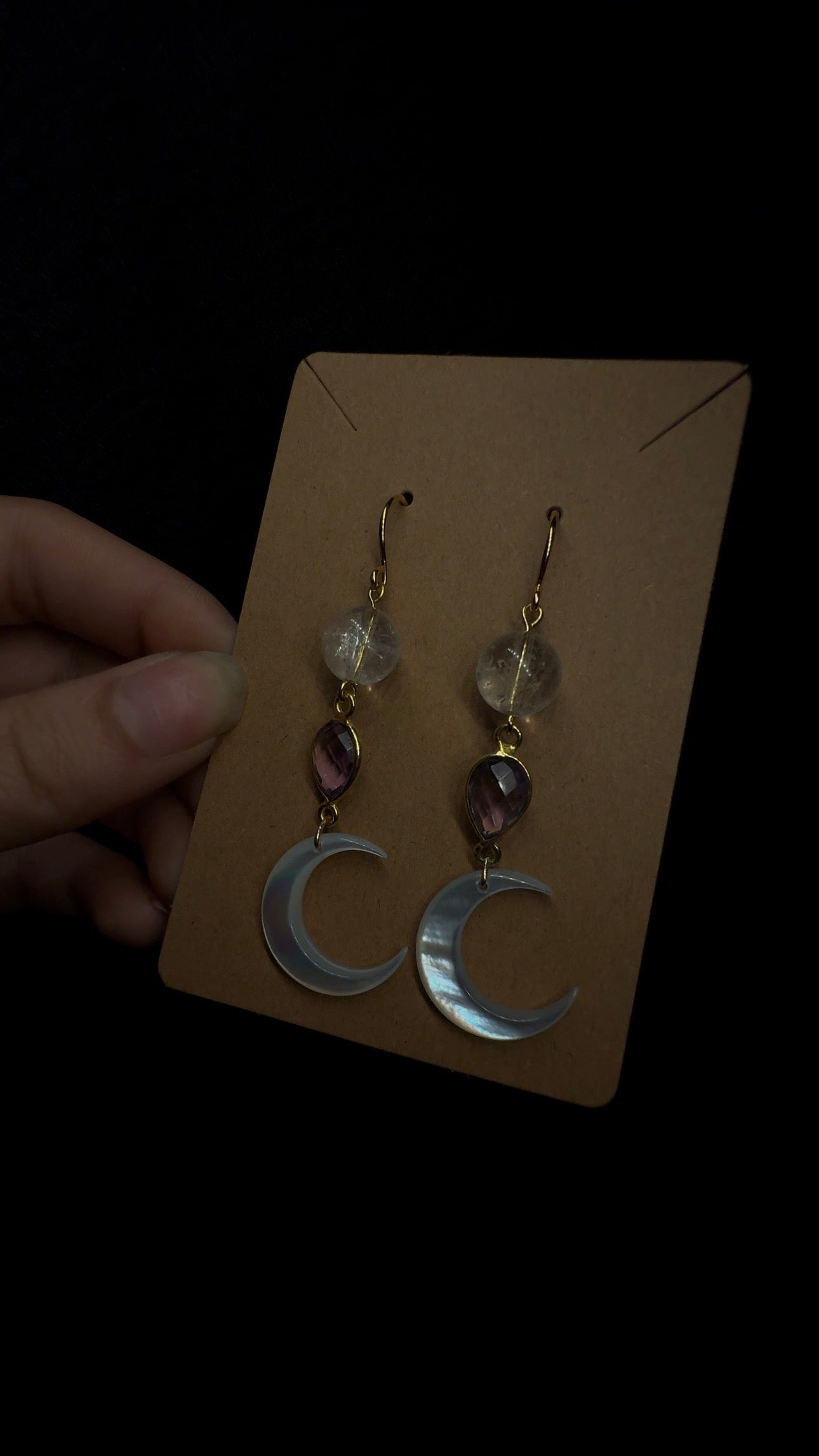 Crescent moon earrings - mother of pearl with amethyst and clear quartz