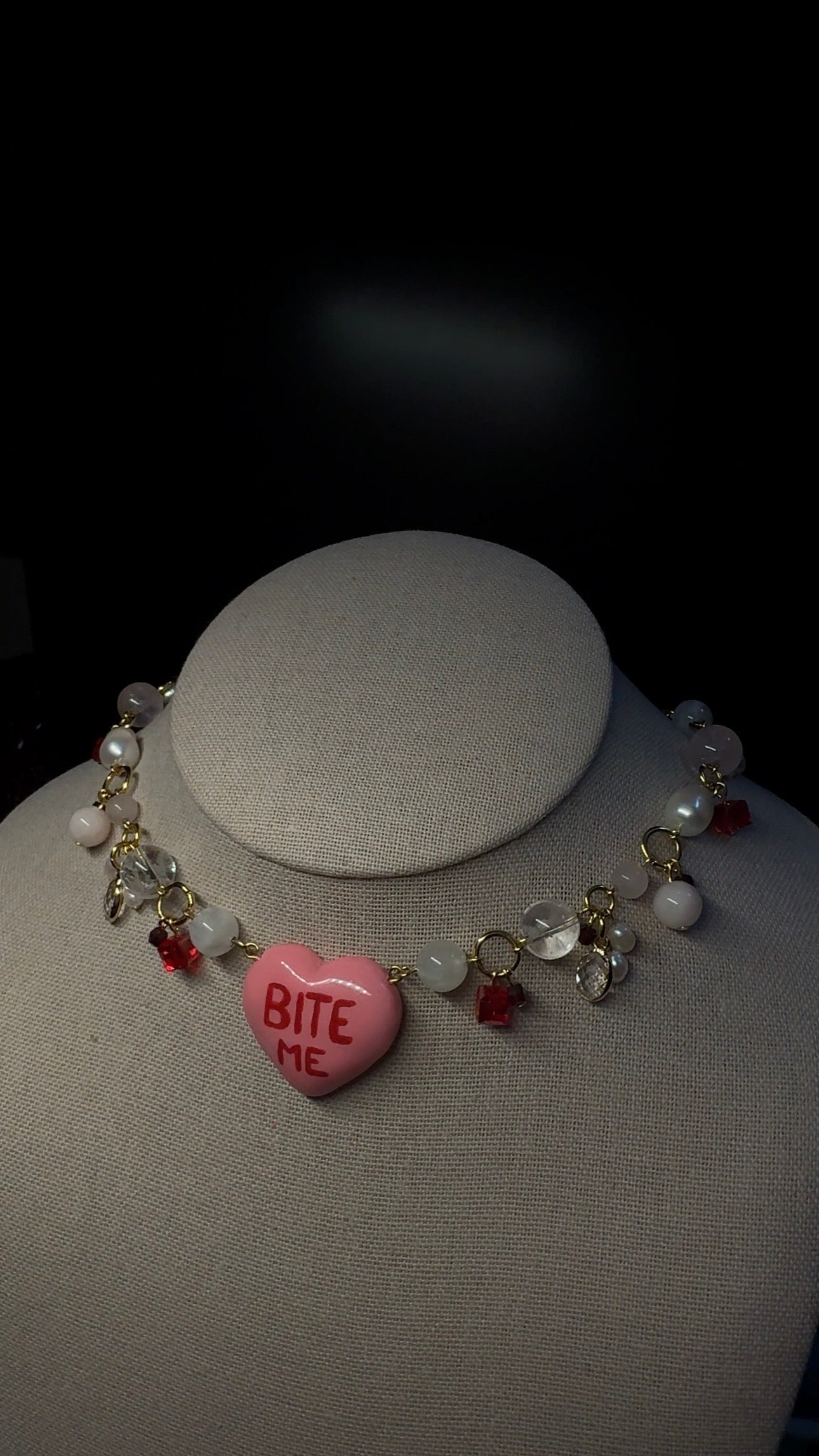 Bite Me Heart Choker Necklace - with clear quartz, pearls, rose quartz, moonstone and garneth