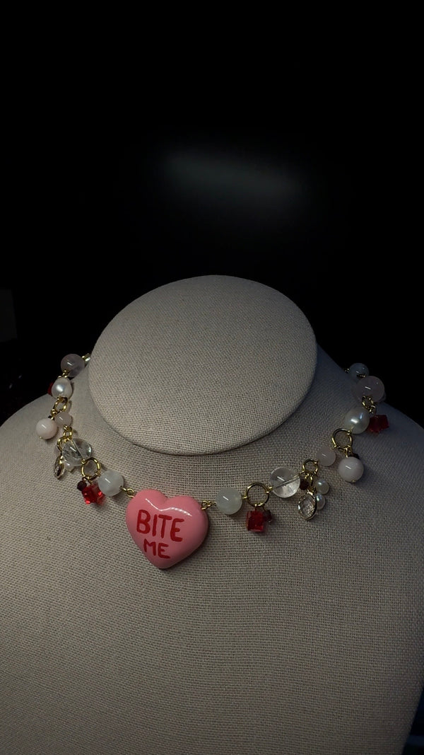 Bite Me Heart Choker Necklace - with clear quartz, pearls, rose quartz, moonstone and garneth