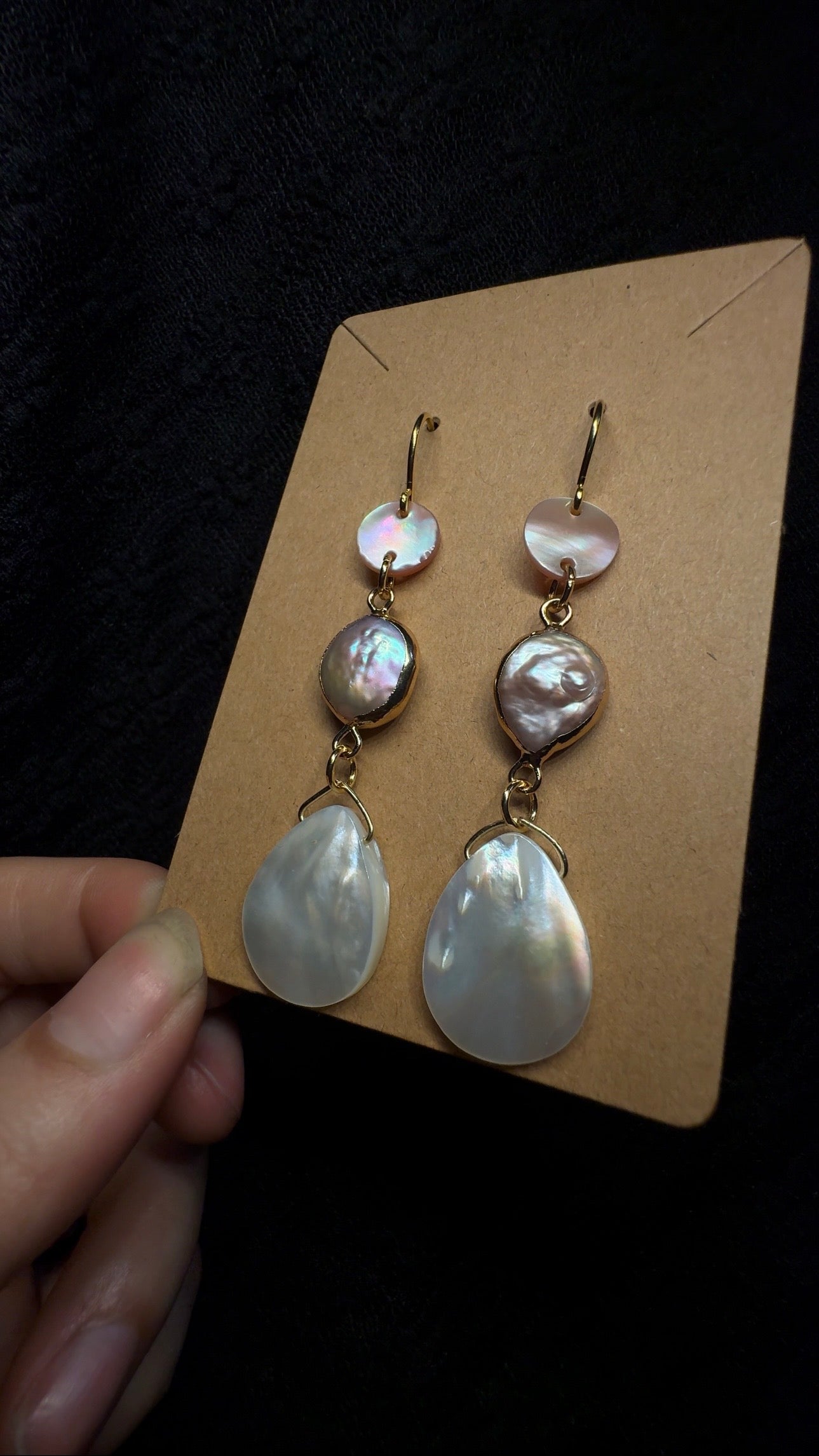 Pink Biwa Pearl Earrings -with pink shell and mother of pearl