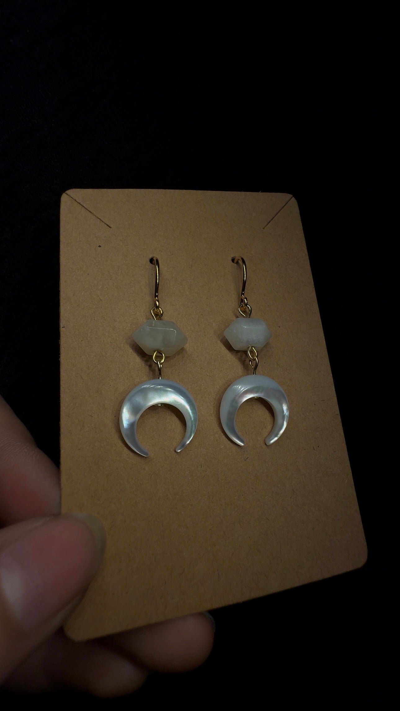 Crescent moon earrings - mother of pearl with moonstone