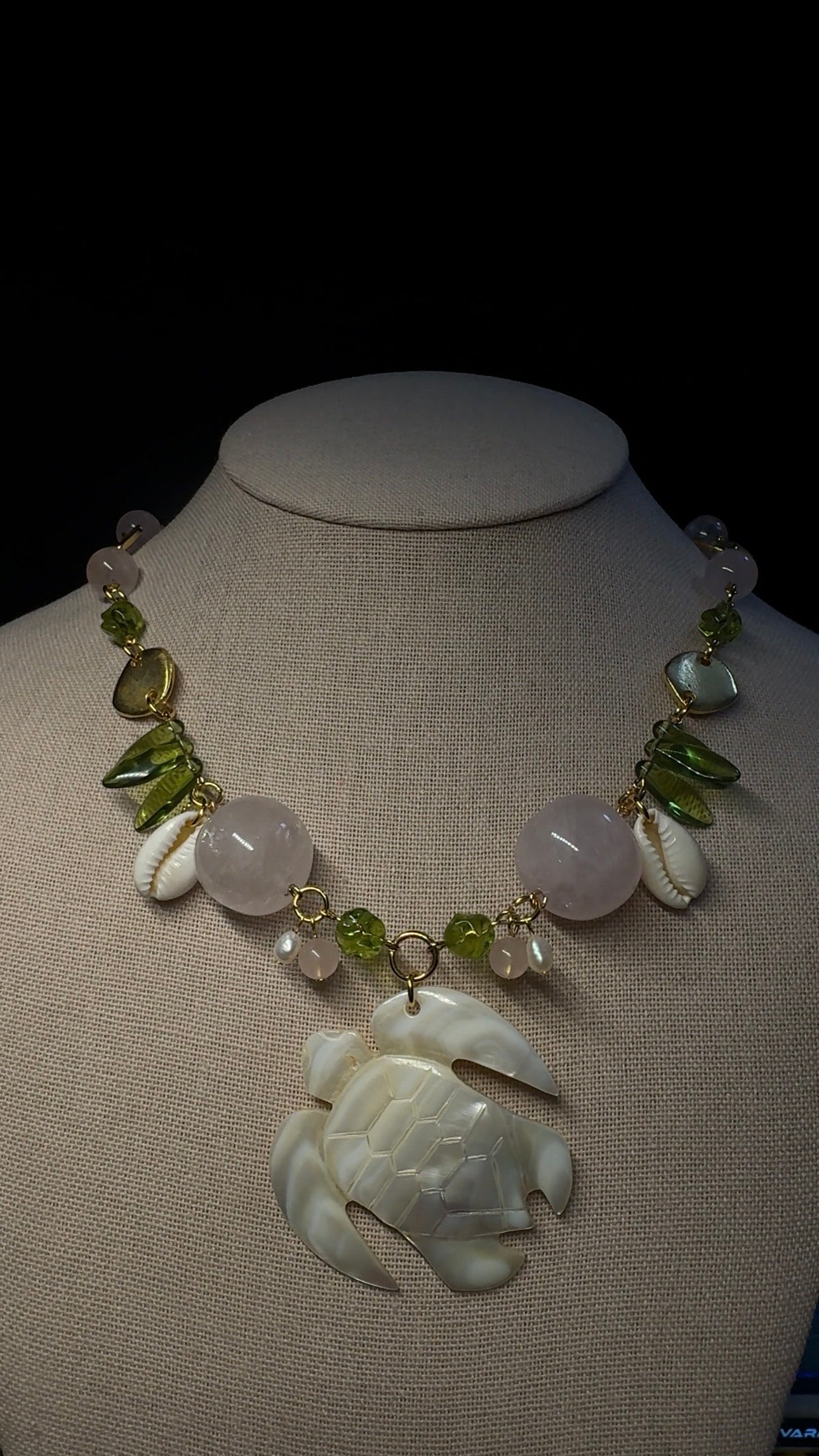 Turtle Necklace - mother of pearl with rose quartz, pearls and shells