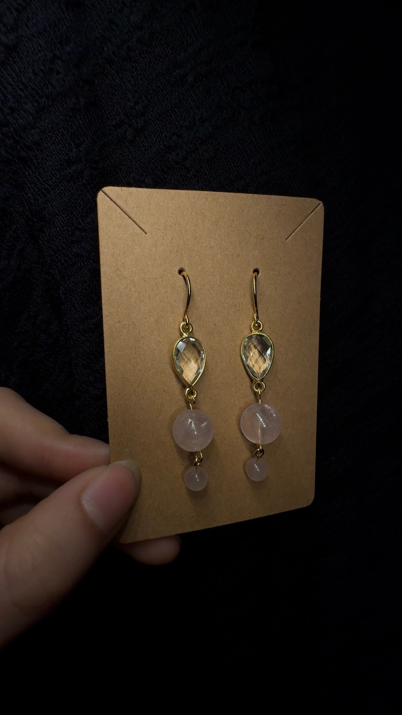 Prasiolite teardrop earrings - with Madagascar rose quartz