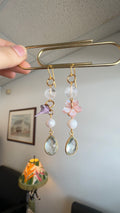 Aquamarine (syn.) teardrop earrings - with pink shell carved hibiscus, clear quartz, pearls and a handmade polymer clay piece