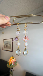 Aquamarine (syn.) teardrop earrings - with pink shell carved hibiscus, clear quartz, pearls and a handmade polymer clay piece