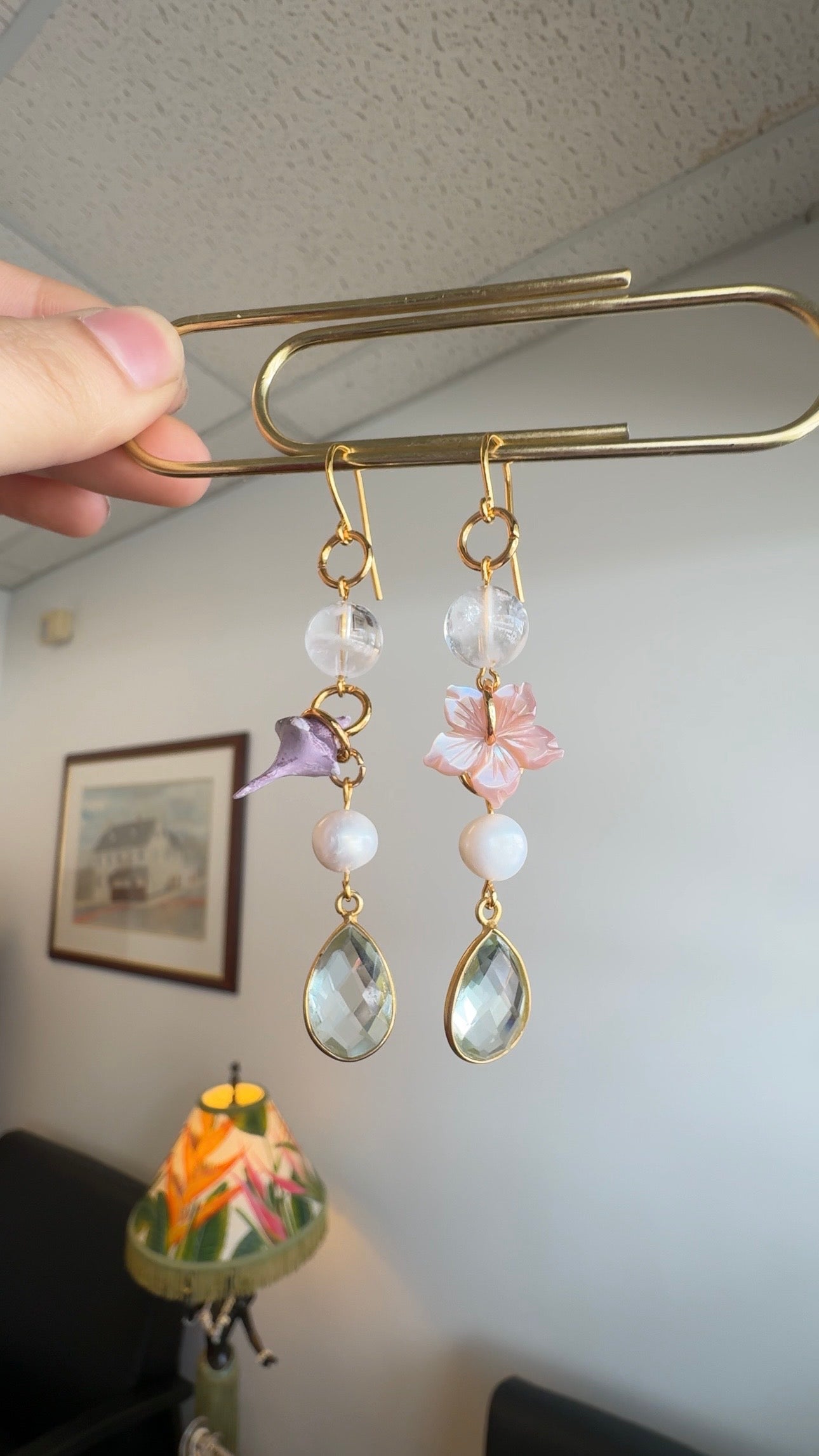 Aquamarine (syn.) teardrop earrings - with pink shell carved hibiscus, clear quartz, pearls and a handmade polymer clay piece