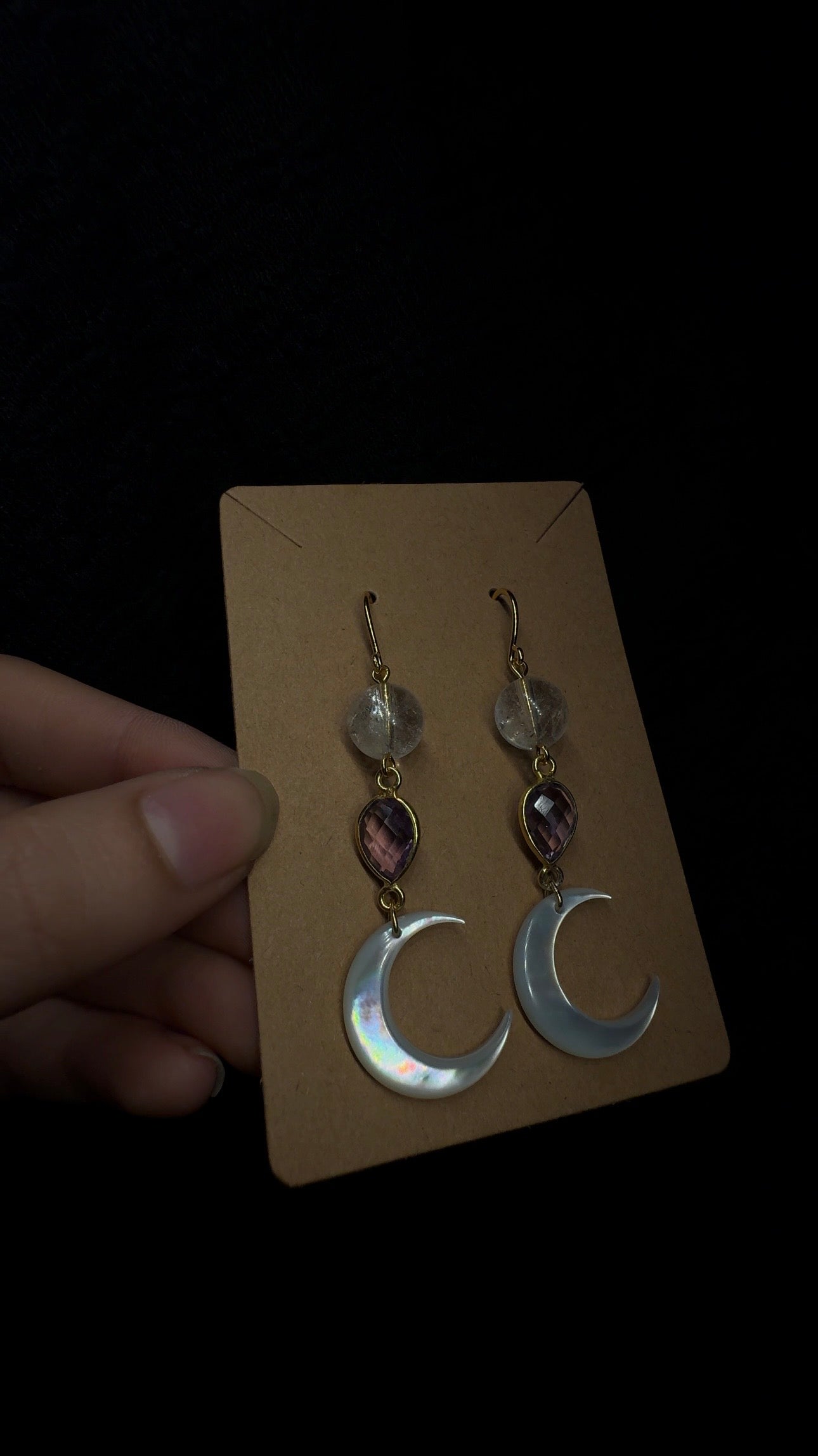 Crescent moon earrings - mother of pearl with amethyst and clear quartz