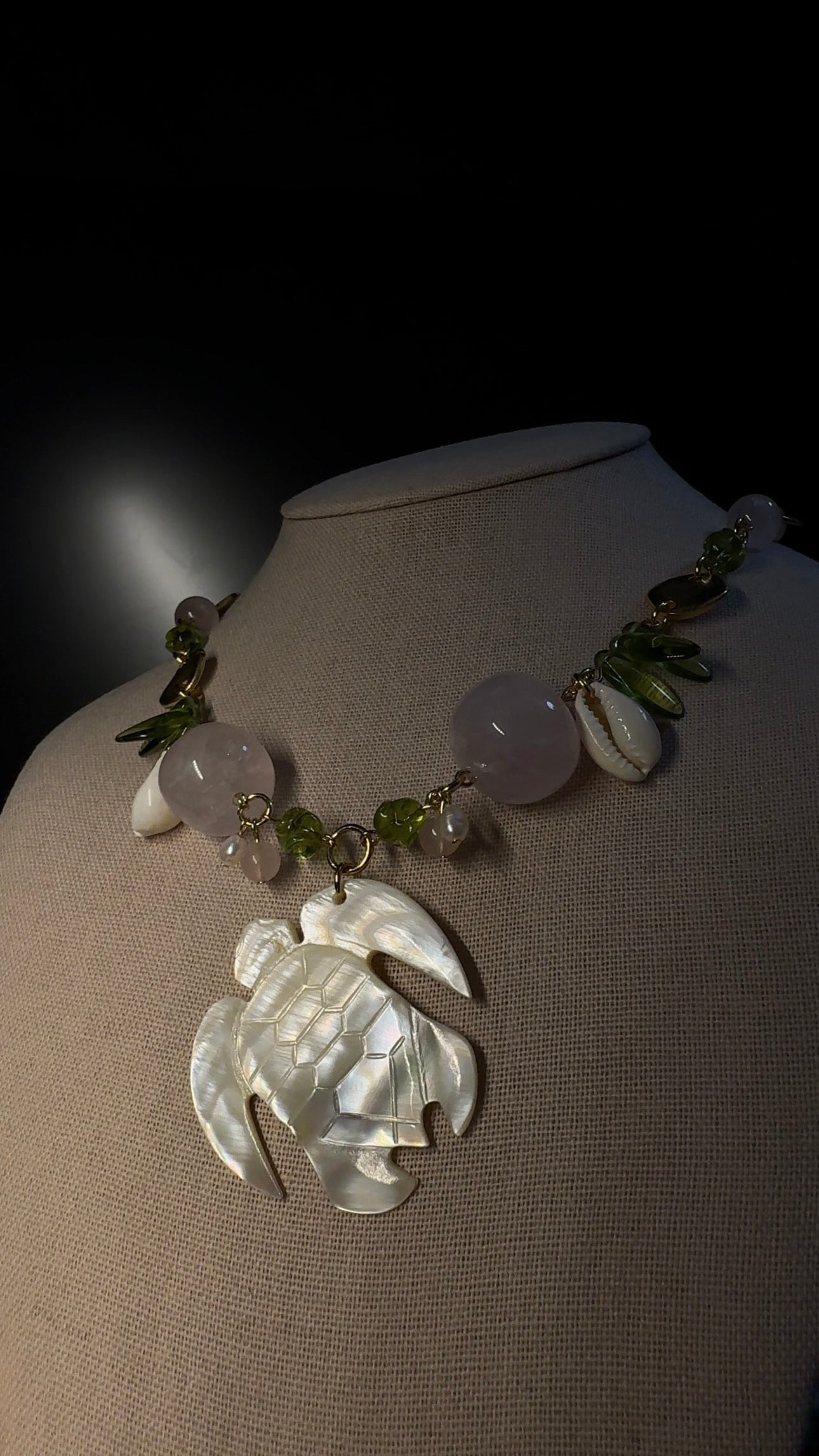 Turtle Necklace - mother of pearl with rose quartz, pearls and shells