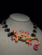 gecko necklace - with silver obsidian, labradorite and pearls