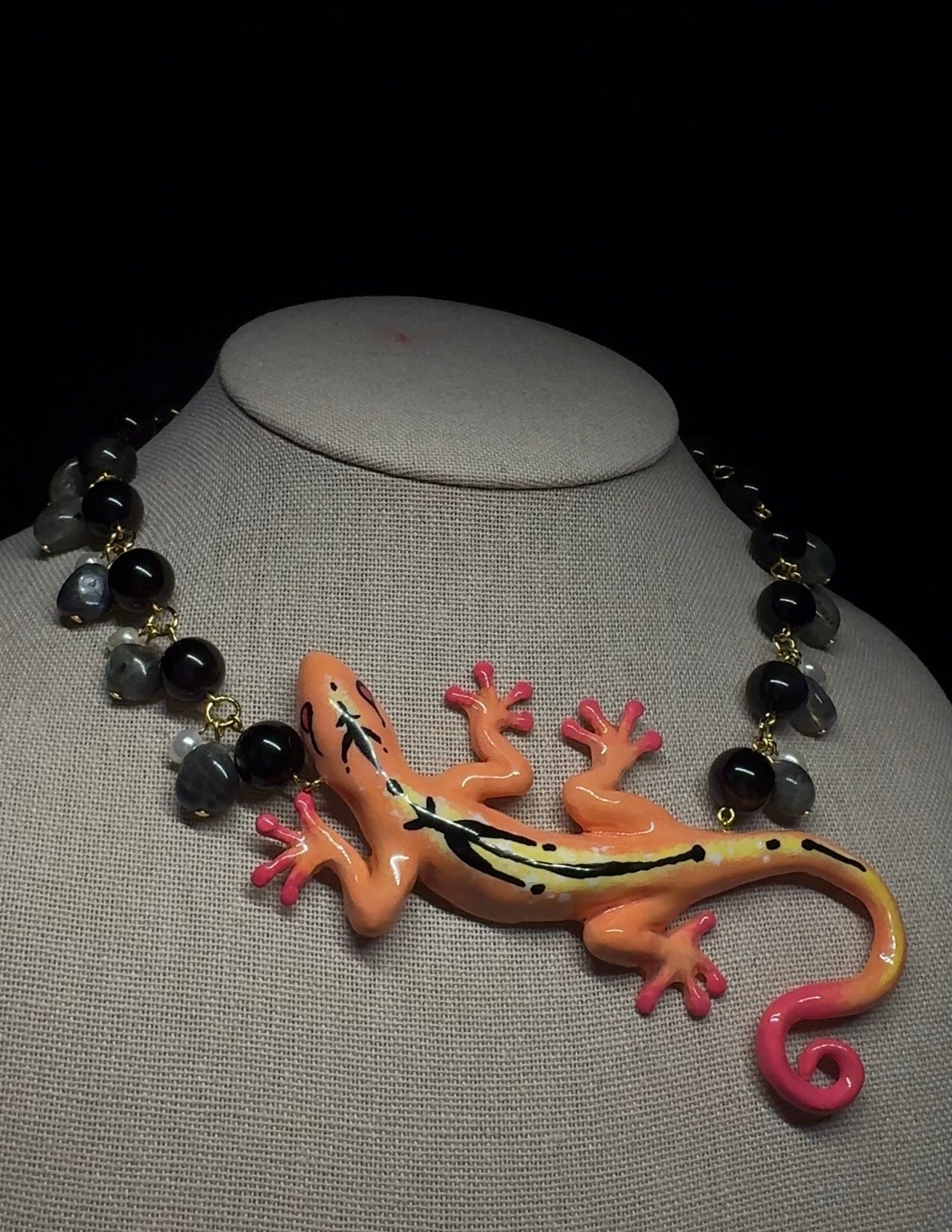 gecko necklace - with silver obsidian, labradorite and pearls