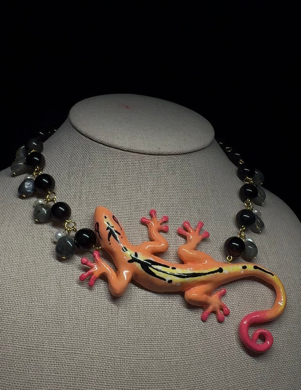 gecko necklace - with silver obsidian, labradorite and pearls
