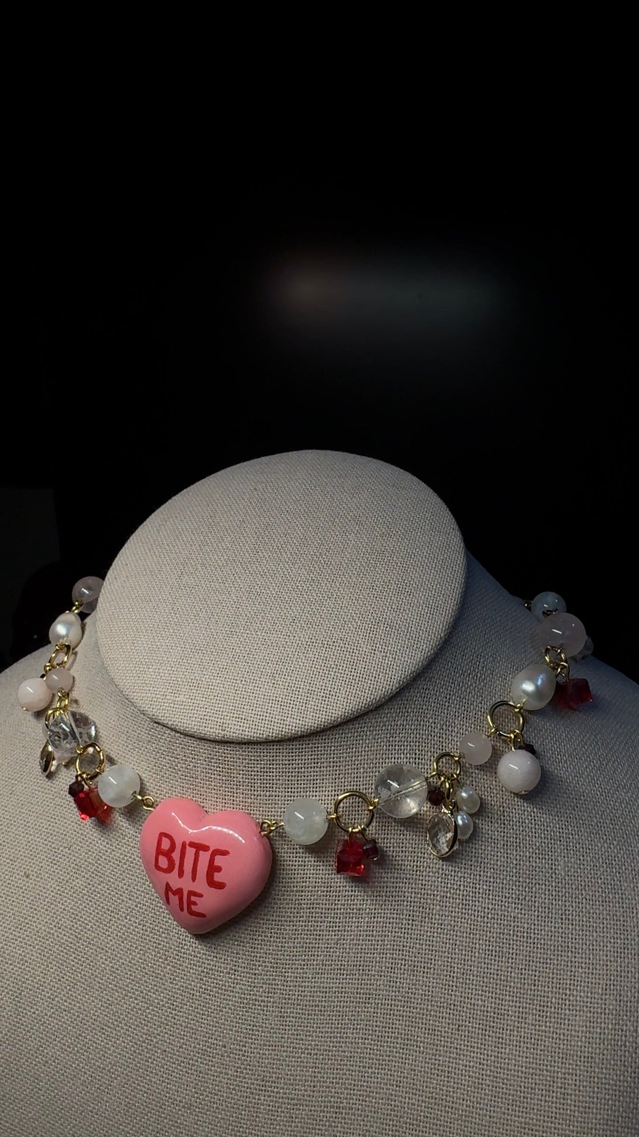 Bite Me Heart Choker Necklace - with clear quartz, pearls, rose quartz, moonstone and garneth