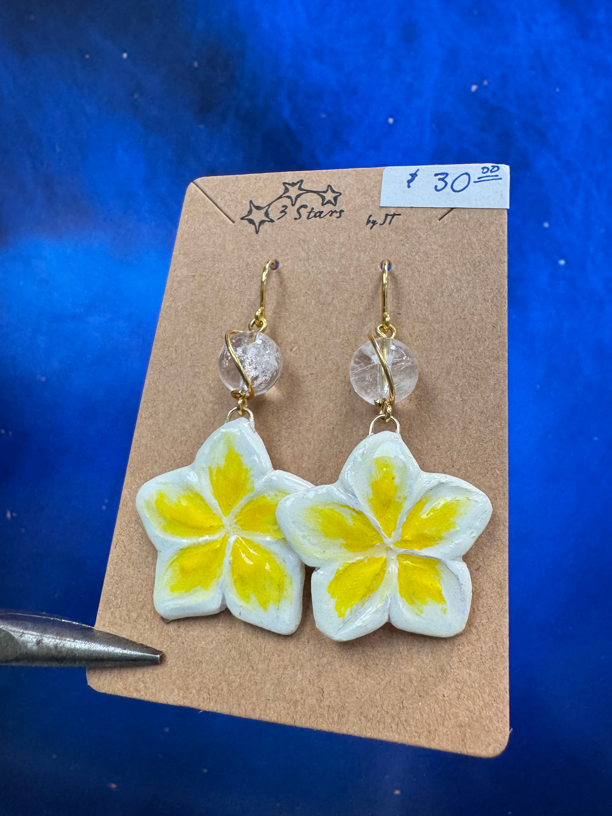Plumeria Earrings - with clear quartz