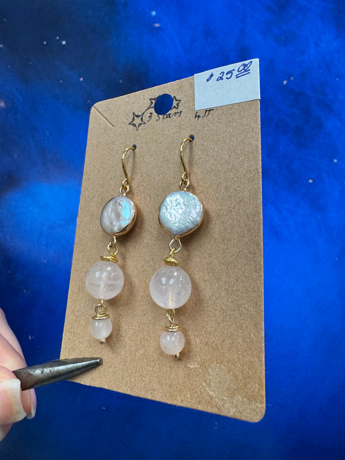 Biwa Pearl Earrings - with rose quartz