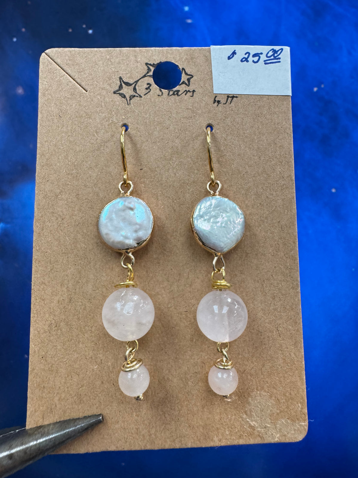 Biwa Pearl Earrings - with rose quartz