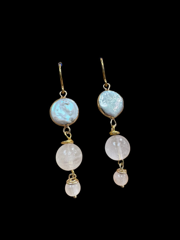 Biwa Pearl Earrings - with rose quartz