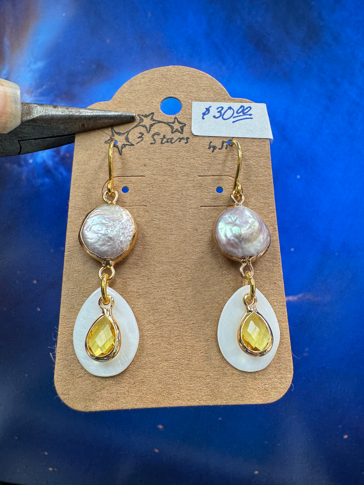 Biwa Pearl Yellow Earrings - with mother of pearl