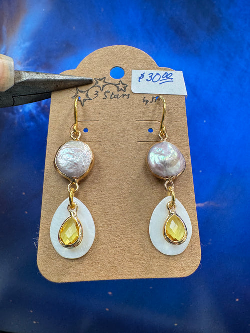Biwa Pearl Yellow Earrings - with mother of pearl
