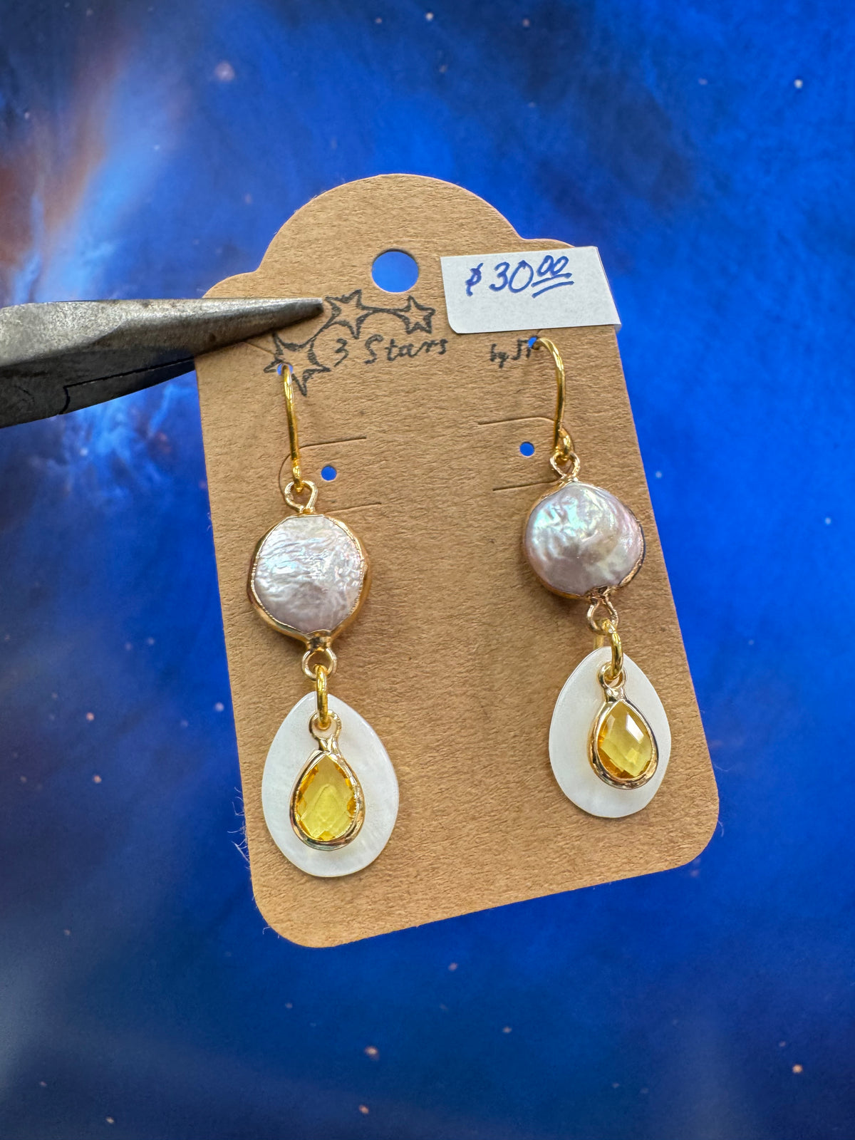 Biwa Pearl Yellow Earrings - with mother of pearl