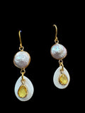 Biwa Pearl Yellow Earrings - with mother of pearl