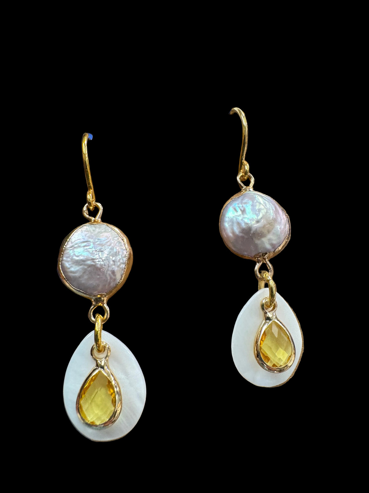 Biwa Pearl Yellow Earrings - with mother of pearl
