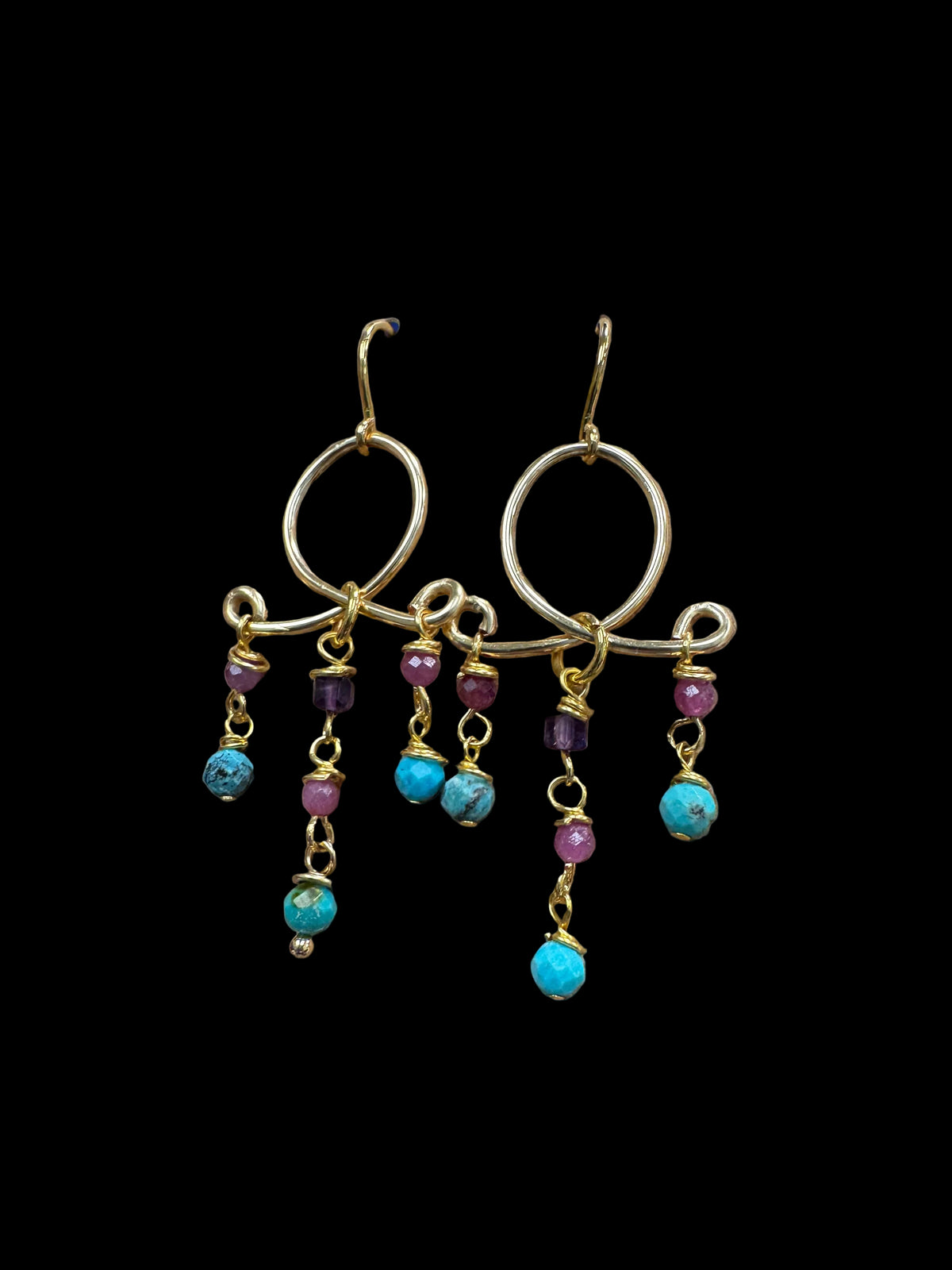 Tri Earrings - with turquoise, amethyst and ruby
