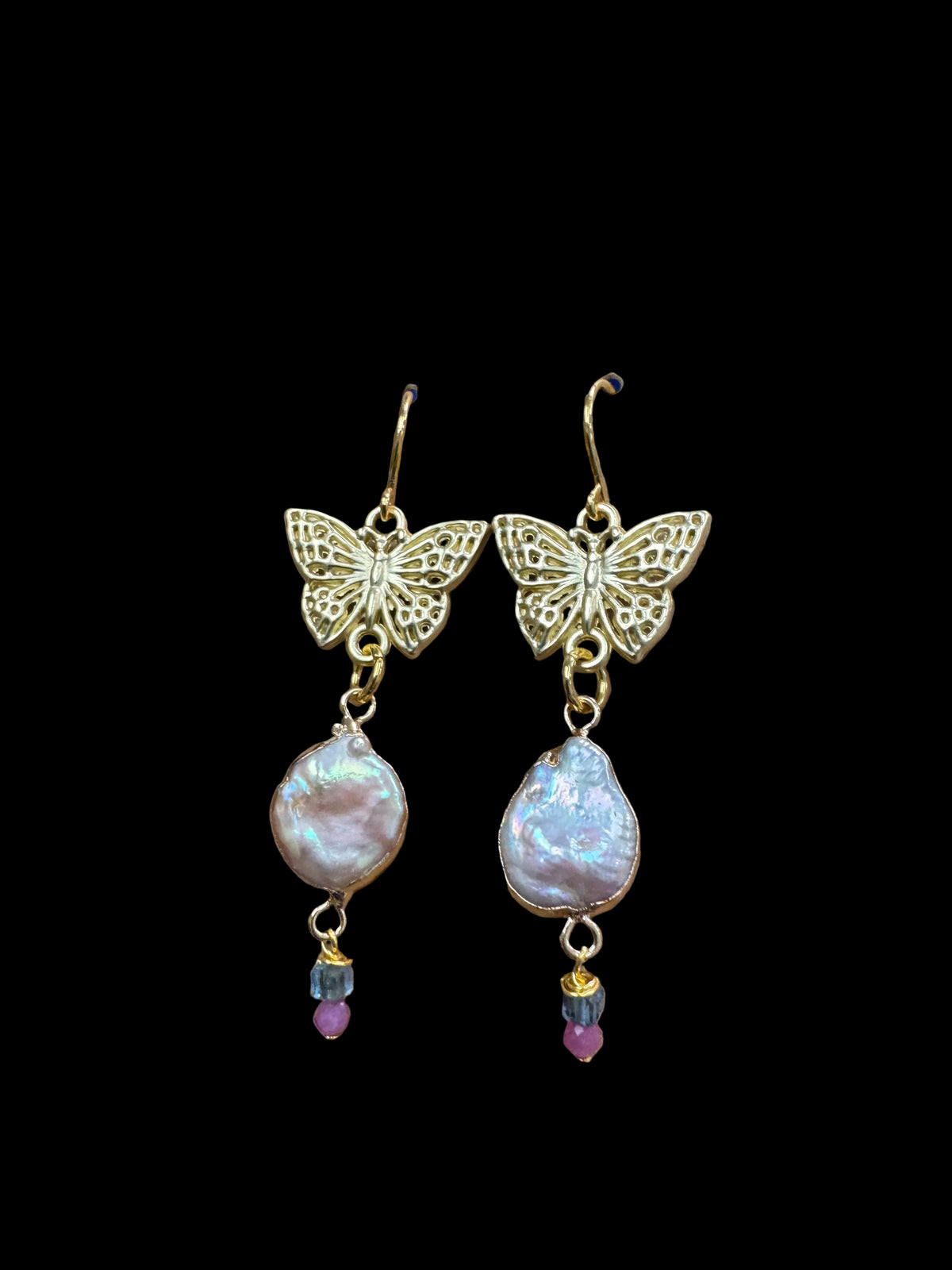 Butterfly Biwa Earrings - with aquamarine and ruby