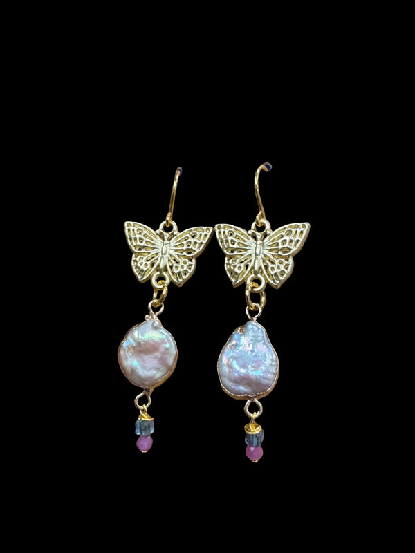 Butterfly Biwa Earrings - with aquamarine and ruby