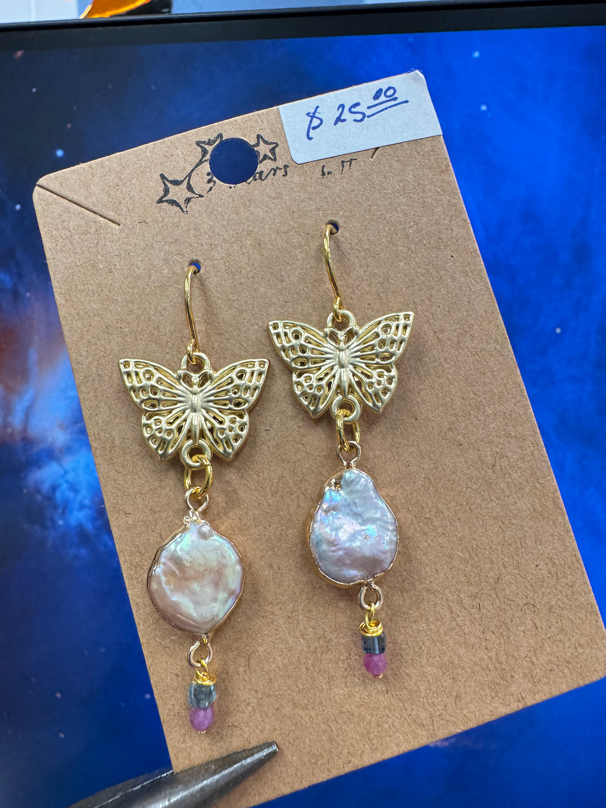 Butterfly Biwa Earrings - with aquamarine and ruby