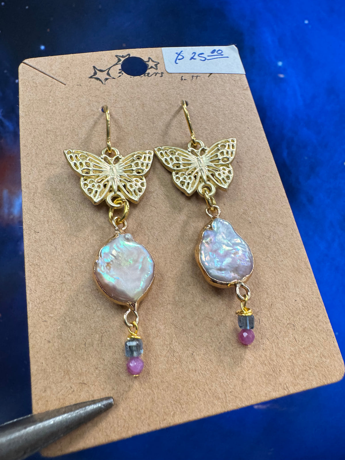 Butterfly Biwa Earrings - with aquamarine and ruby