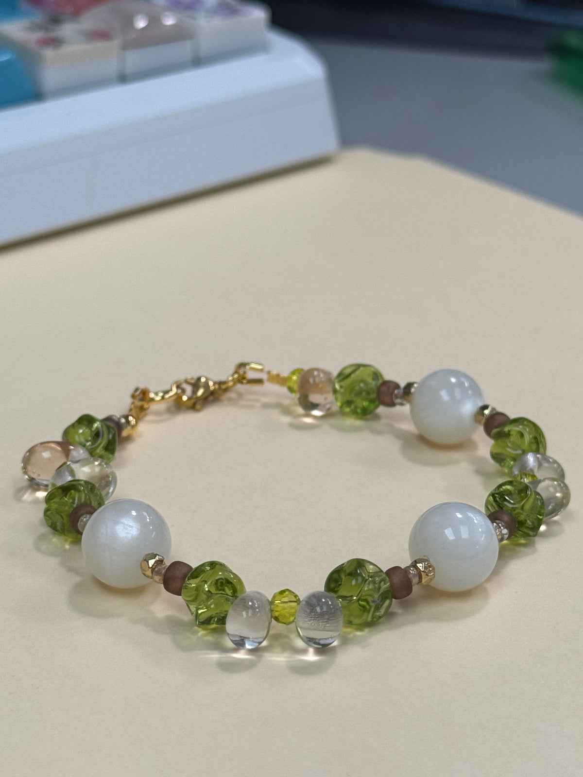 Moonstone Green Bracelet - with glass teardrop beads