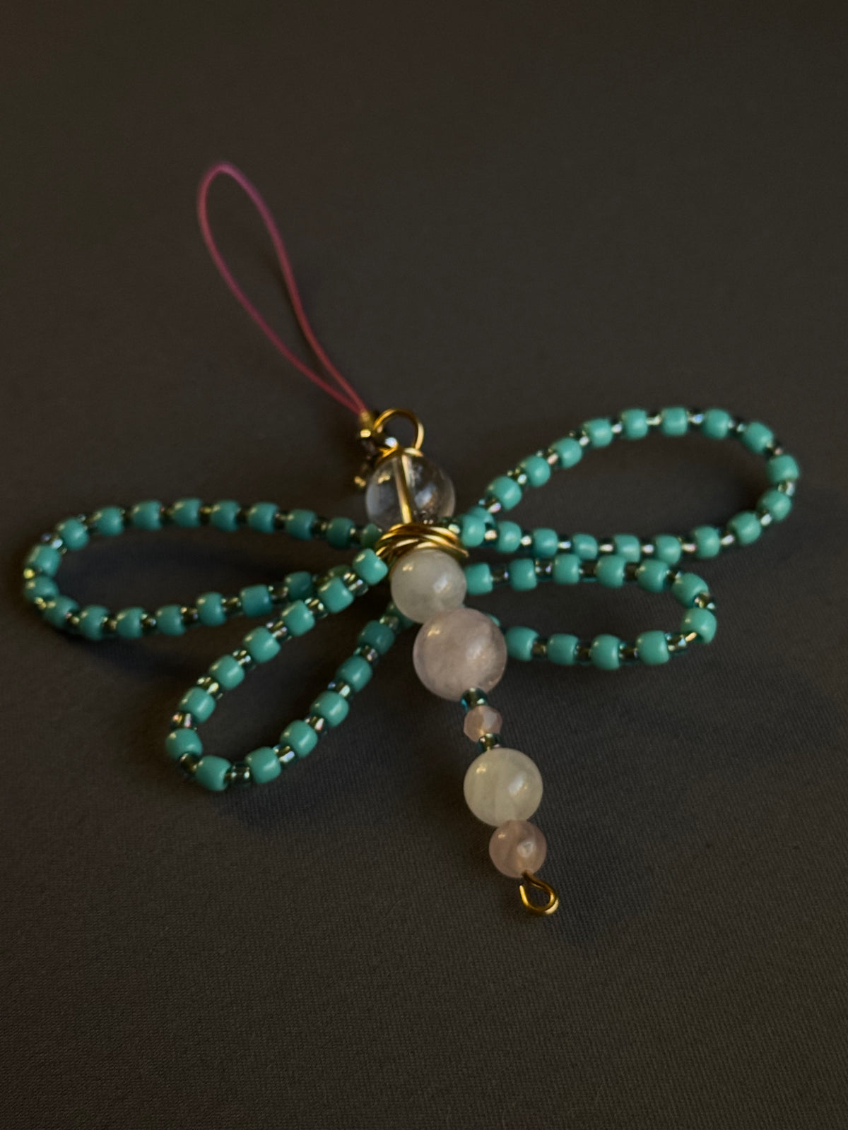Dragonfly Charm - with rose quartz, clear quartz and moonstone