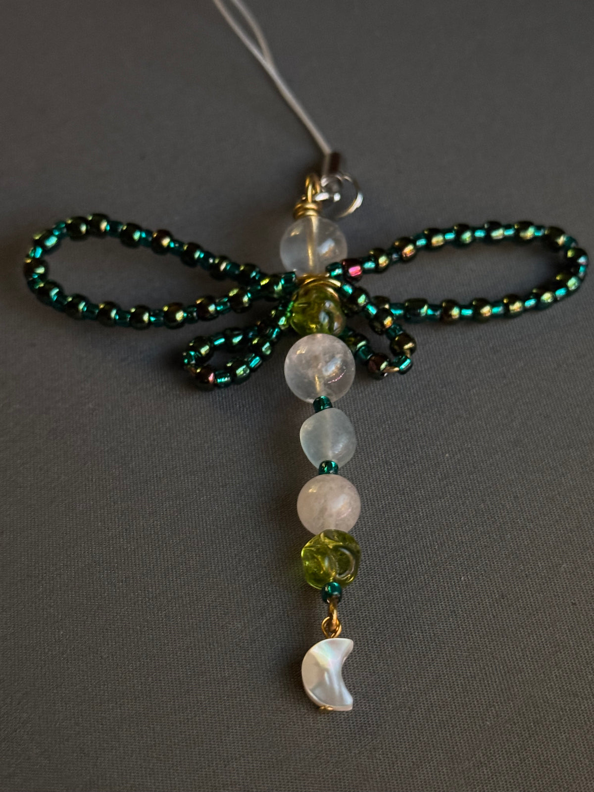 Dragonfly Green Charm - with fluorite, clear quartz and pearl