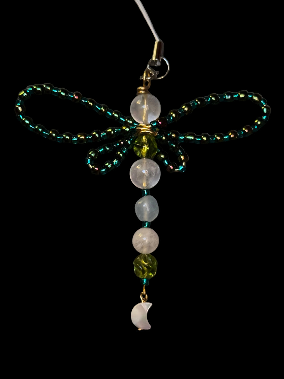 Dragonfly Green Charm - with fluorite, clear quartz and pearl