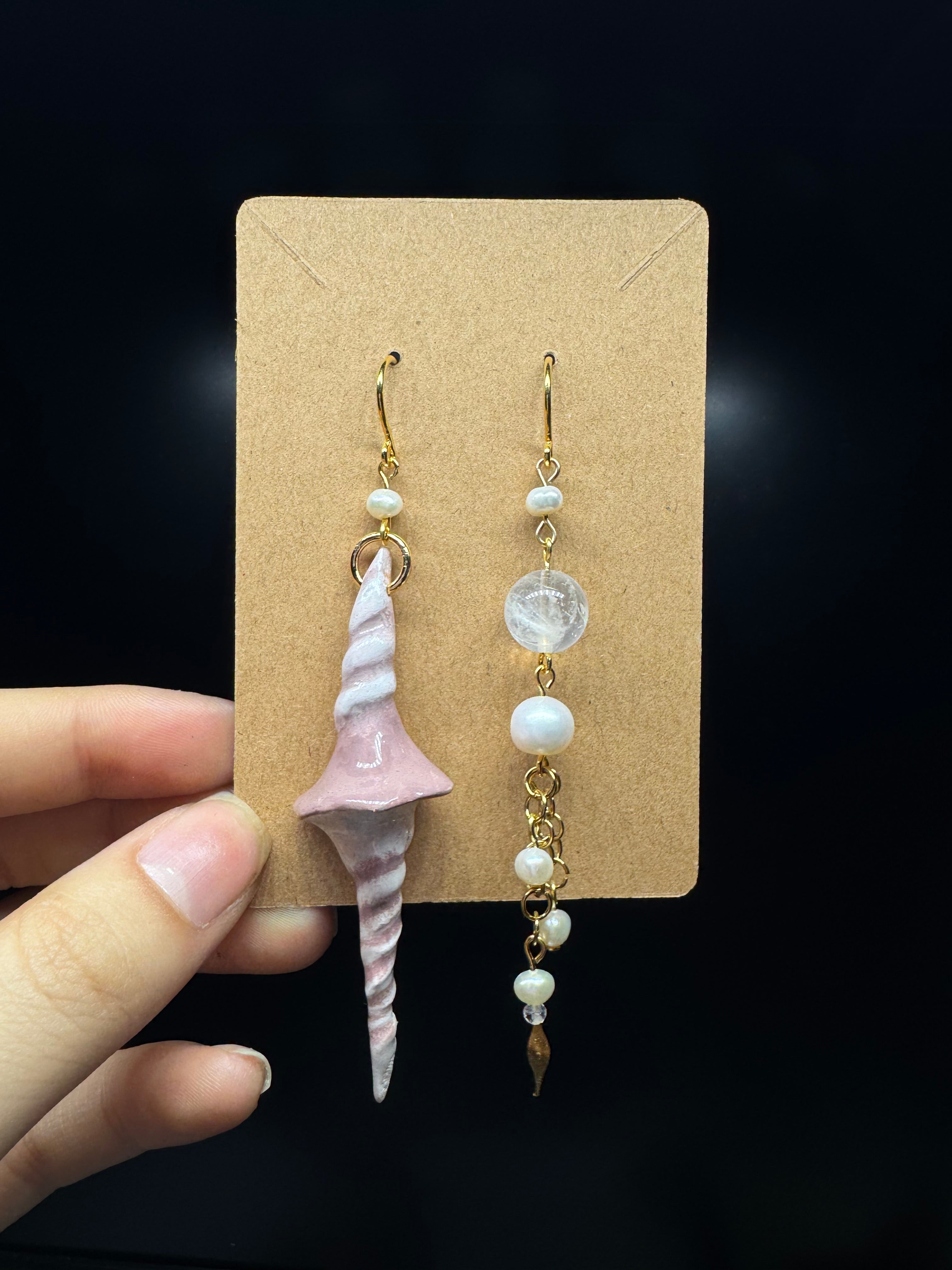 Handmade polymer clay shell earrings - with pearls and clear quartz
