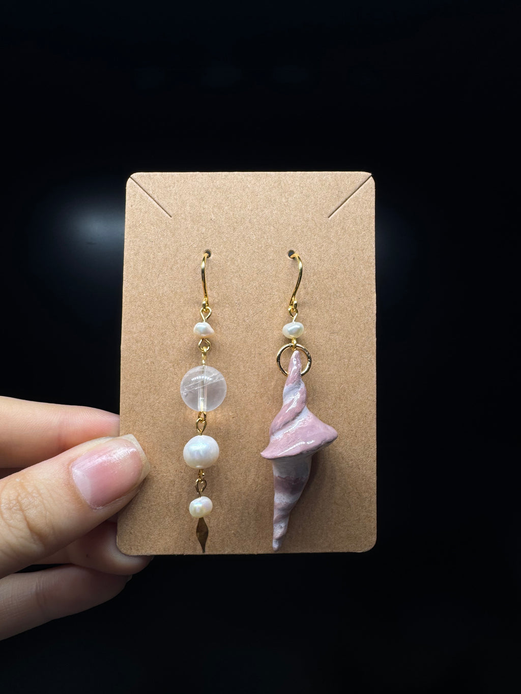 handmade polymer clay small shell earrings - with clear quartz and pearls
