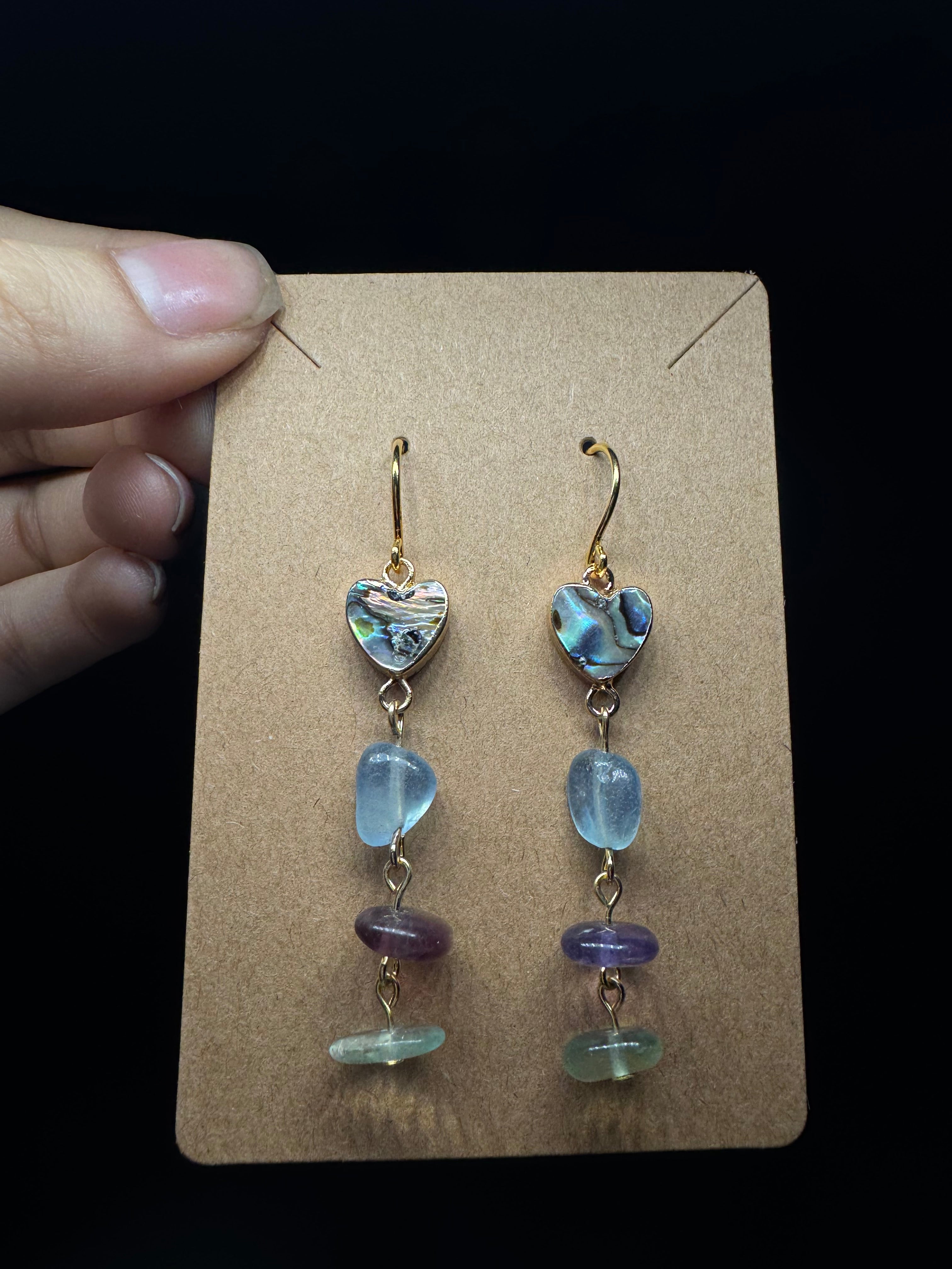 Abalone shell heart earrings - with rainbow fluorite