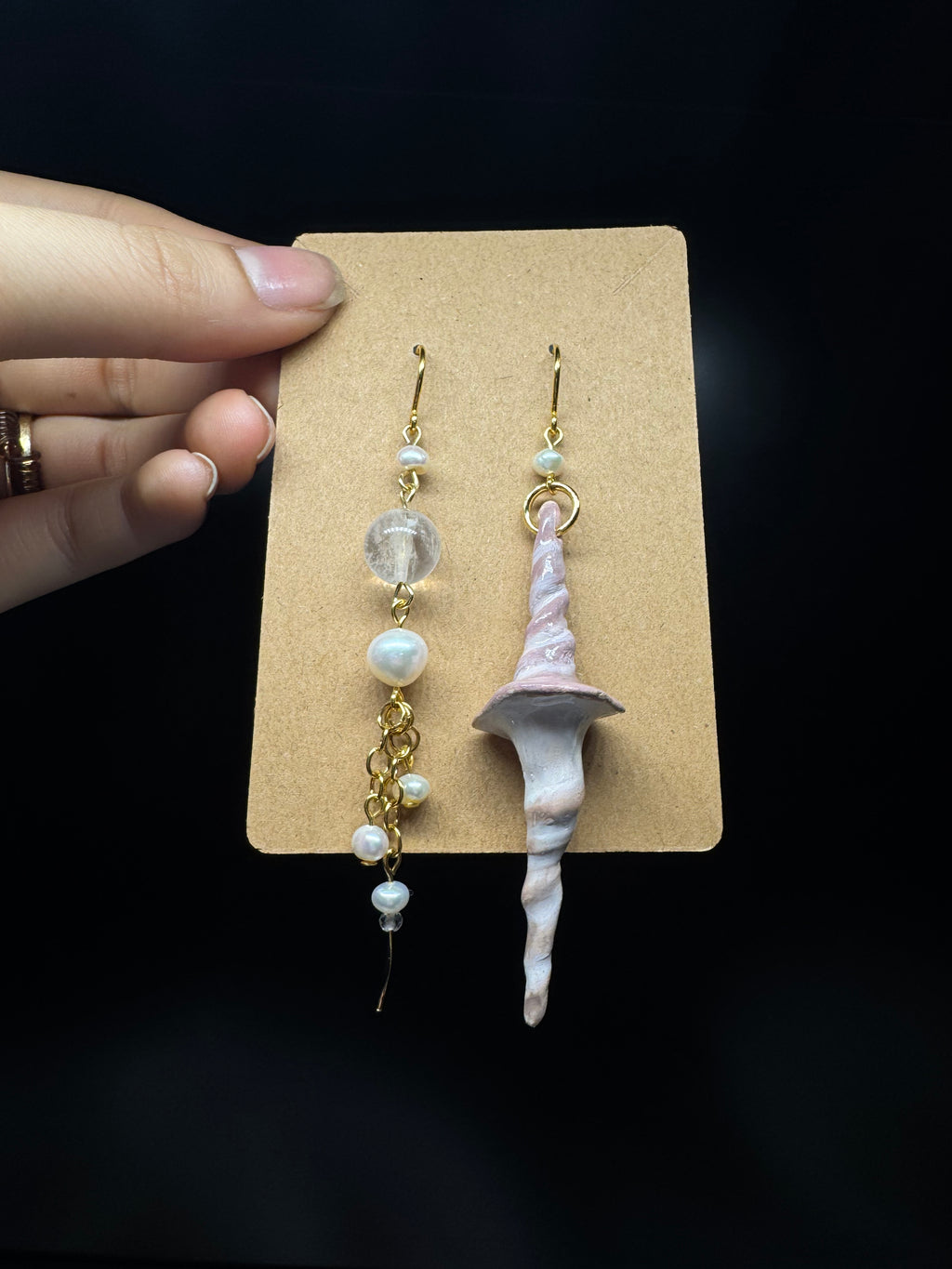 Handmade polymer clay shell earrings - with pearls and clear quartz