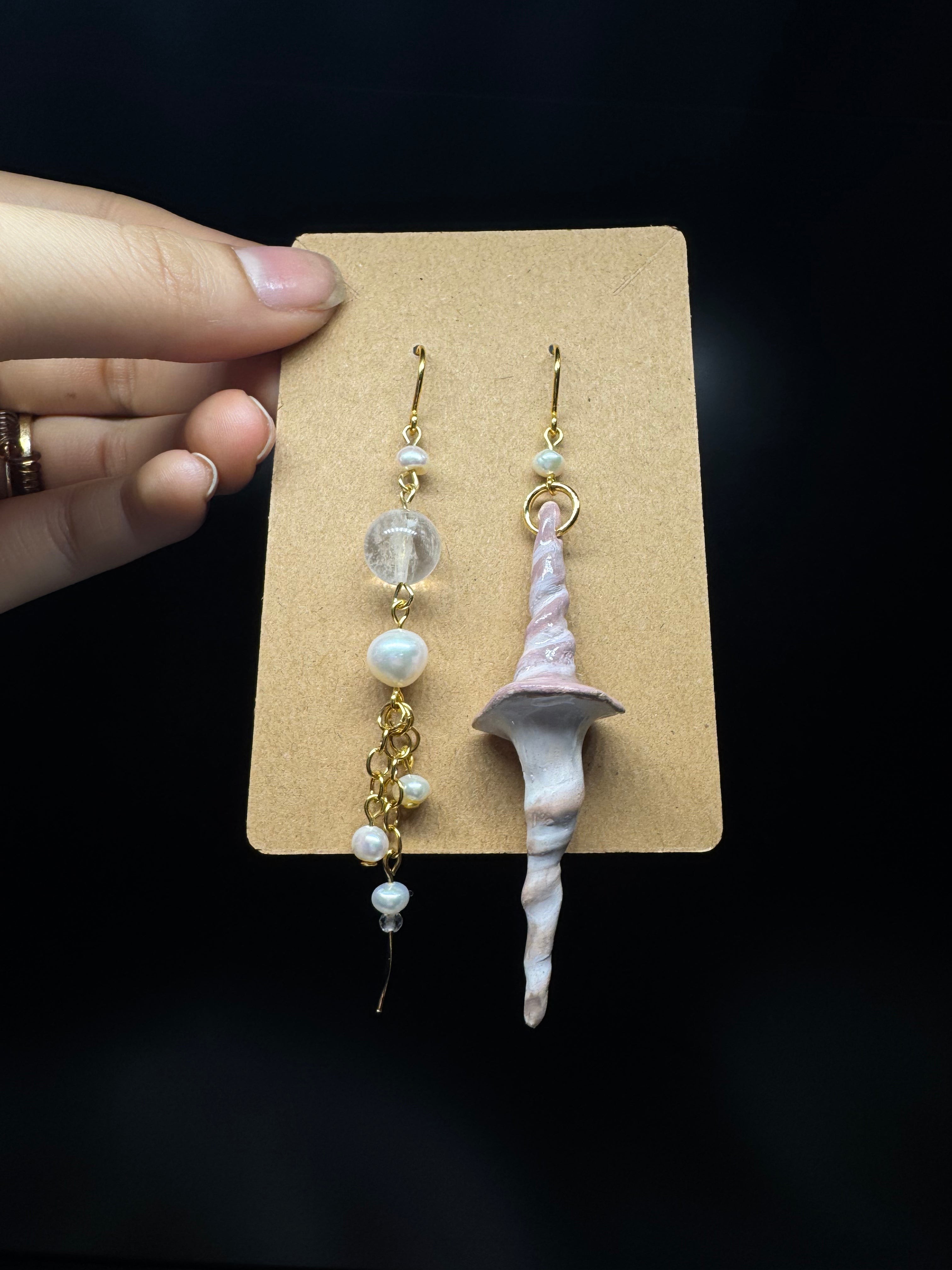 Handmade polymer clay shell earrings - with pearls and clear quartz