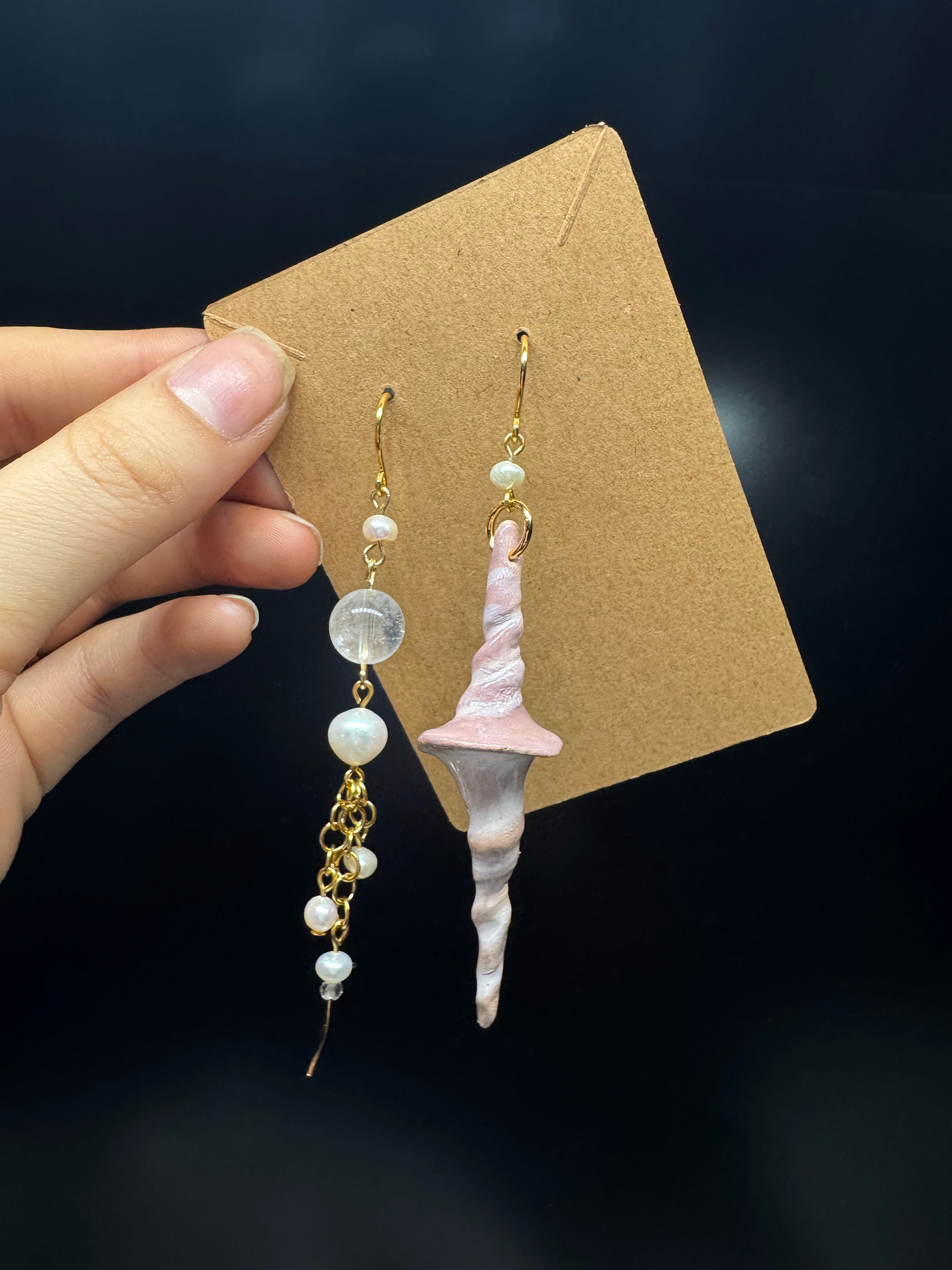 Handmade polymer clay shell earrings - with pearls and clear quartz