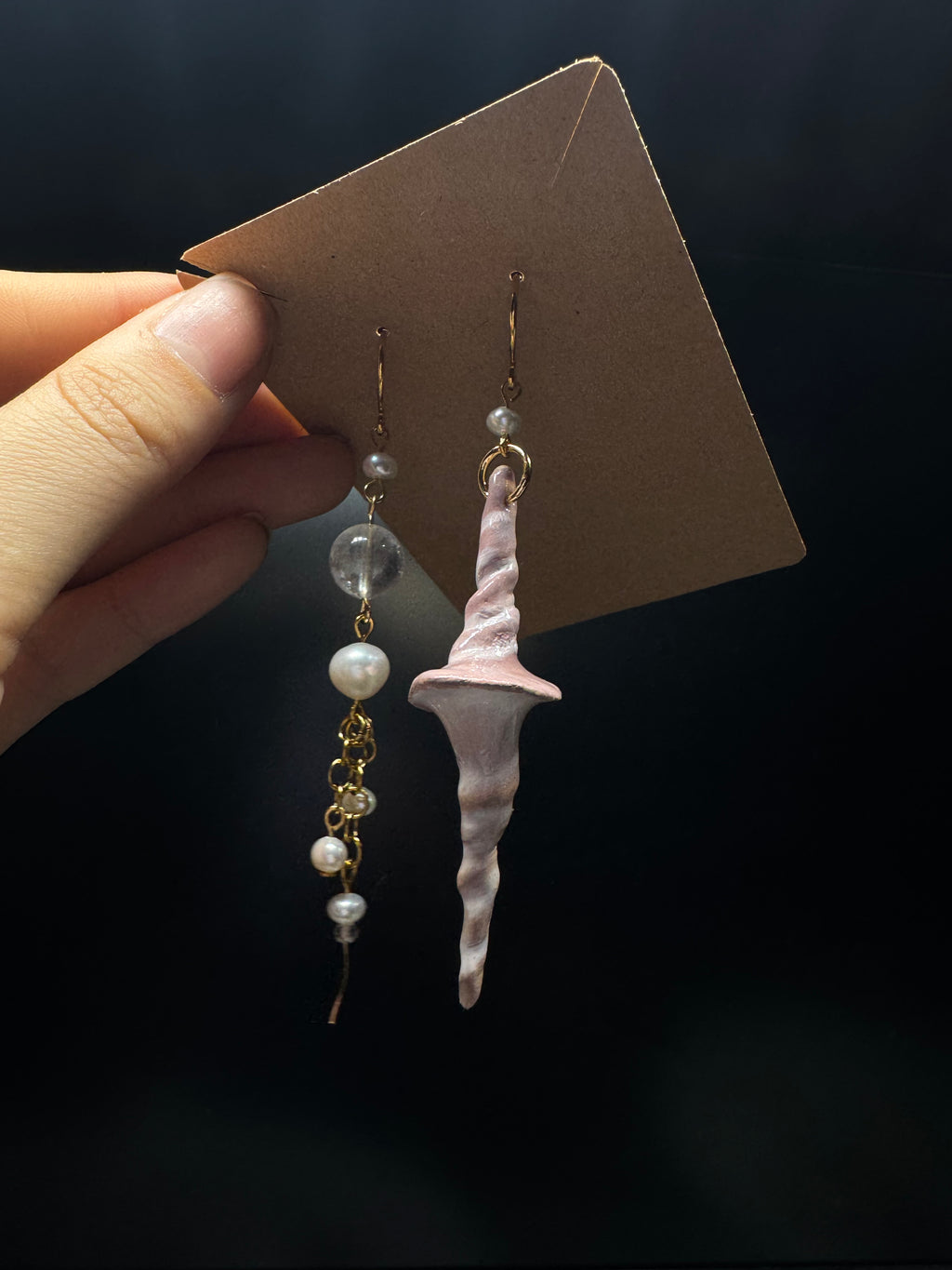 Handmade polymer clay shell earrings - with pearls and clear quartz