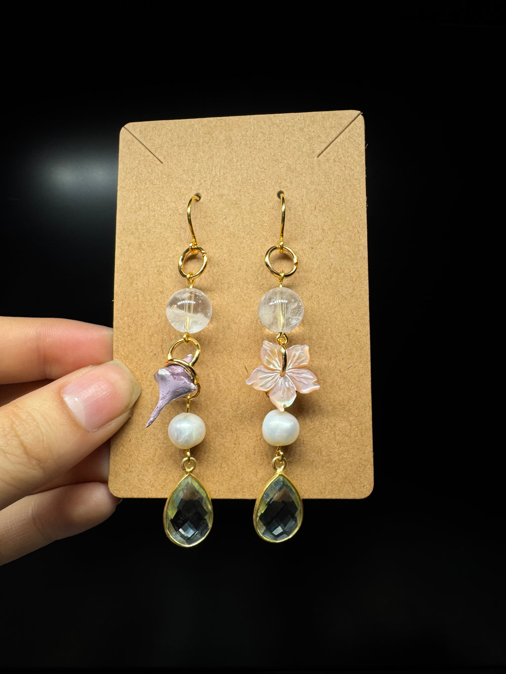 Aquamarine (syn.) teardrop earrings - with pink shell carved hibiscus, clear quartz, pearls and a handmade polymer clay piece