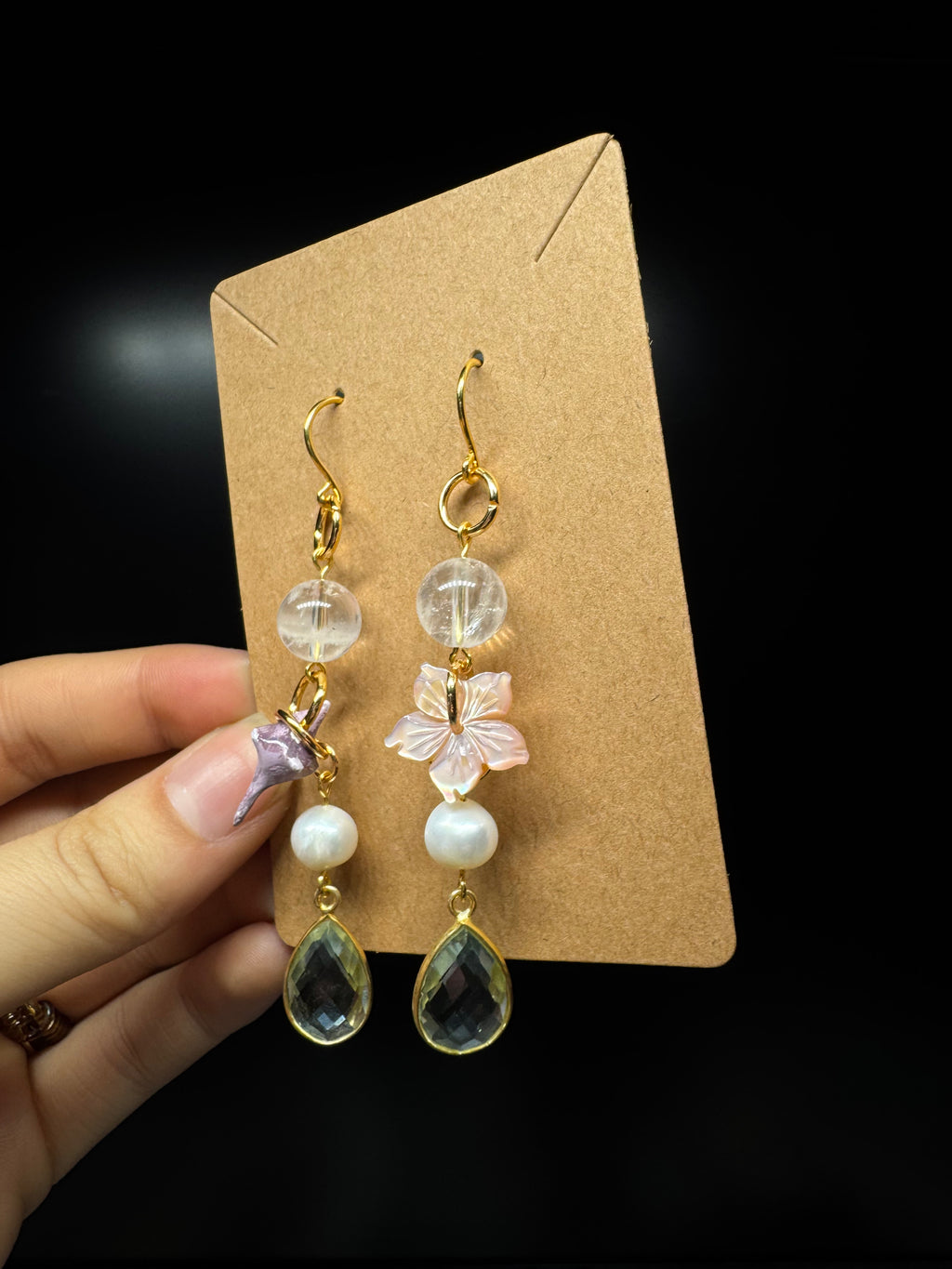 Aquamarine (syn.) teardrop earrings - with pink shell carved hibiscus, clear quartz, pearls and a handmade polymer clay piece